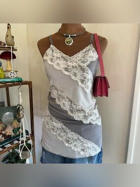Vintage Y2K Coquette Grey Lace Tank Top Cami by Cocomo